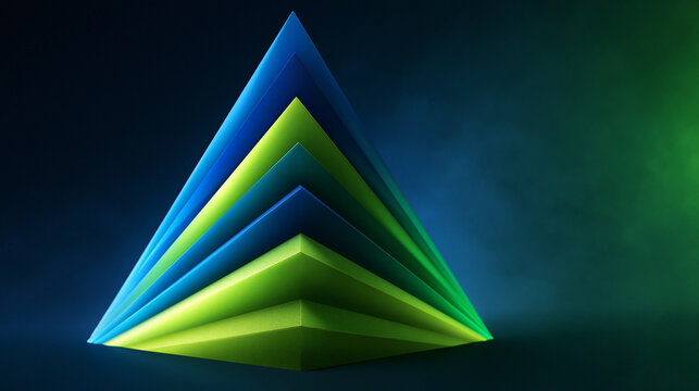 Abstract pyramid of layered triangles in blue and green colors creating a modern geometric background design.
