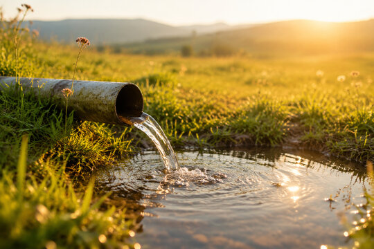 Clear water flowing from a pipe into a reflective pool in a grassy meadow.