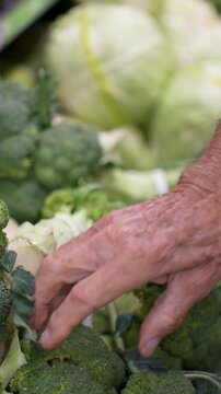 An elderly man picks fresh broccoli in a grocery store located in a busy market.