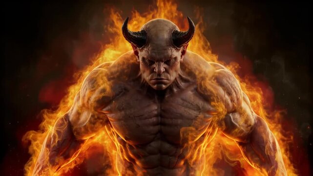Demonic Creature Roars in Fiery Flames with Intense Expression and Muscular Physique Against Dark Background