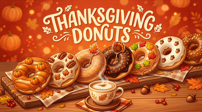Cute thanksgiving donuts with coffee and autumn theme illustration