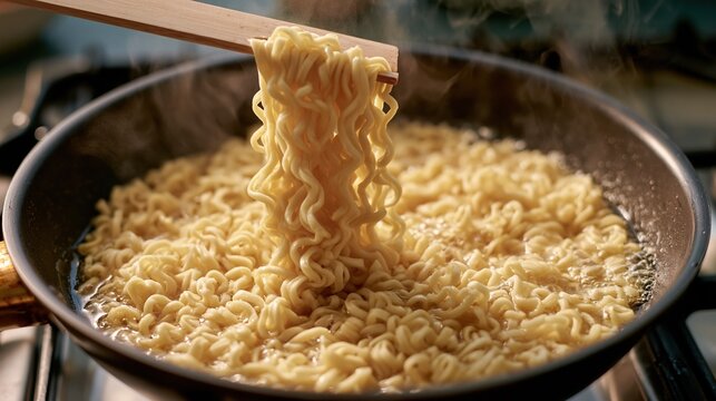 Close-up shot of instant ramen noodles cooking in a frying pan with steam rising