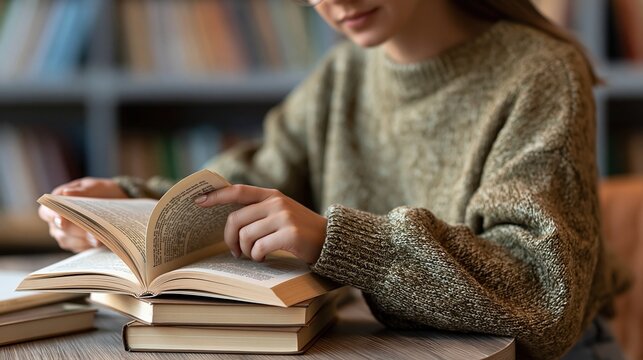 Young woman focused on reading a book with stacks of literature in a cozy, sunlit library