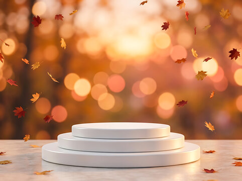 White product display podium with falling autumn leaves and golden bokeh background