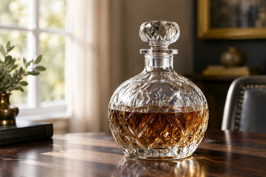 A classical cut-glass decanter resting on a dark wood surface, softly lit by window light.