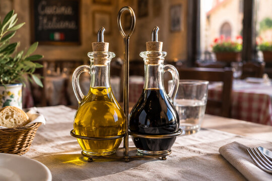 Glass cruets with olive oil and balsamic vinegar on a linen table.