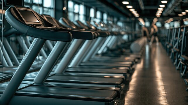 Row of modern treadmills in a well-lit fitness gym, ready for cardio workouts