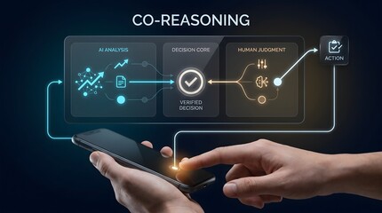 Obraz premium Co-reasoning artificial intelligence data processing interface managed via mobile phone with co reasoning AI technology smart device hand holding phone digital analytics