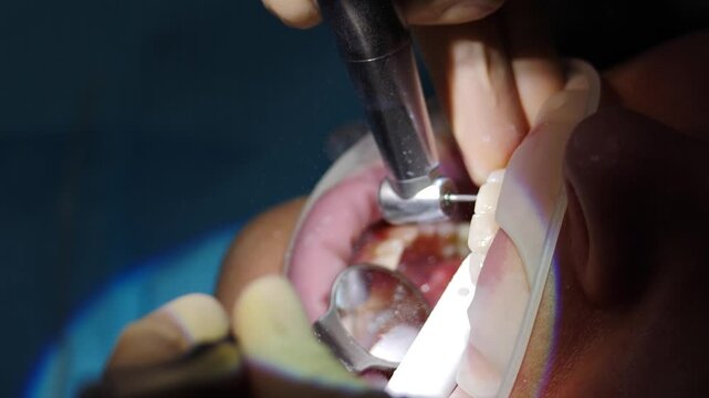 Close-up of dentist hands drilling temporary crowns through clear retractor. Suction tube visible. Precision cosmetic dentistry procedure for veneer treatment 4k video