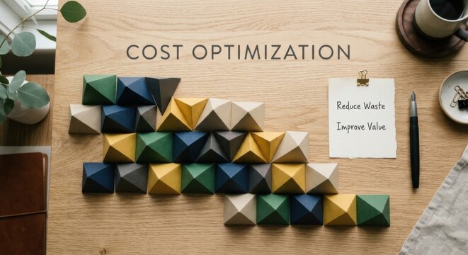 Cost Optimization Concept with Geometric Paper Prisms Arranged on Wood