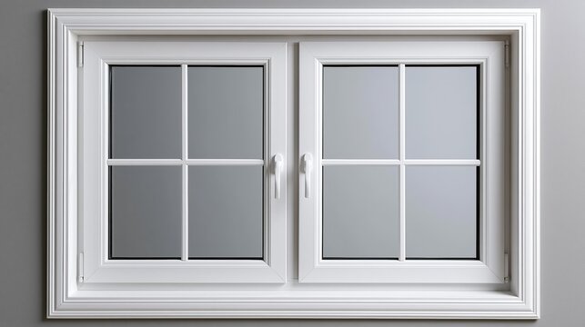 Clean White Double Pane Window with Decorative Trim and Silver Handles on Gray Wall
