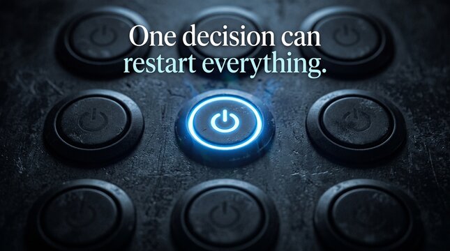 Power Button Symbol: A close-up of a glowing blue power button amidst a field of dark, inactive buttons, symbolizing a fresh start or a significant decision.