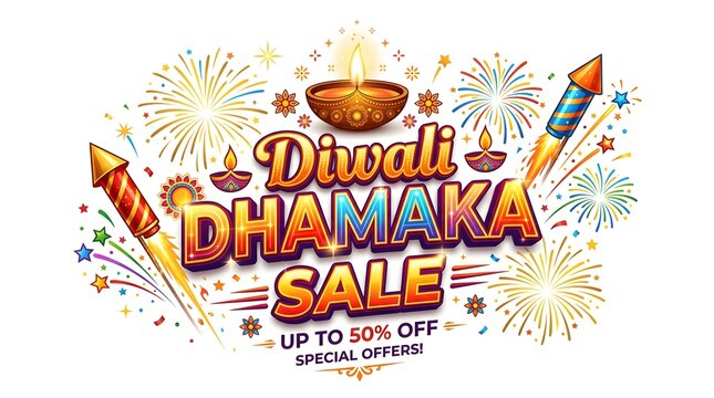 Diwali dhamaka sale banner with fireworks and diya isolated on white background