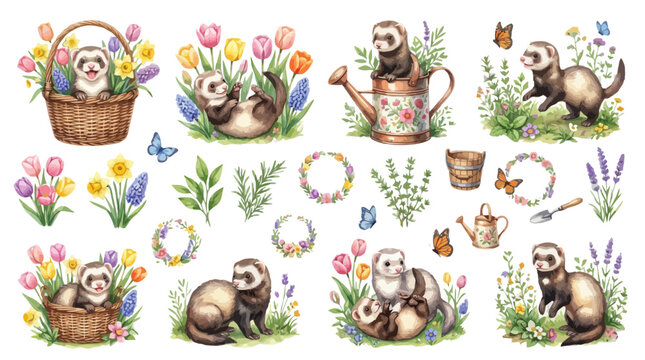 Watercolor ferret clipart set with spring flowers and garden tools