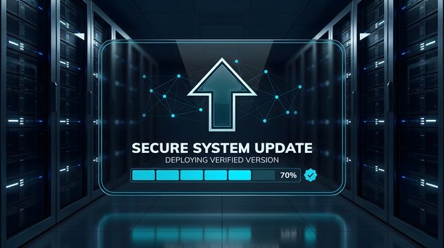 Secure system update and data cloud loading interface inside modern data center server room corridor with cloud computing network security digital server information technology