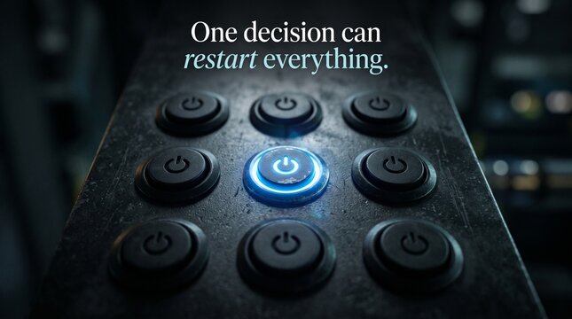 Restart Button on Control Panel: A central glowing blue power button is illuminated on a dark, metallic control panel with multiple other power buttons.