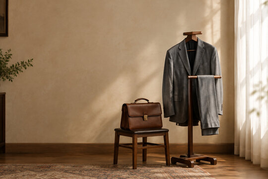 Grey suit jacket on valet stand with leather briefcase, professional menswear and business travel concept