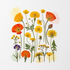 Fototapeta premium Herbarium with dried spring and summer wildflowers featuring bright yellow and orange blossoms isolated on a white watercolor background, flora, craft, vibrant
