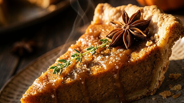 Extreme macro shot of a warm gourmet pumpkin pie slice topped with star anise, thyme, and caramel drizzle, featuring rising steam and golden crust on a rustic plate.