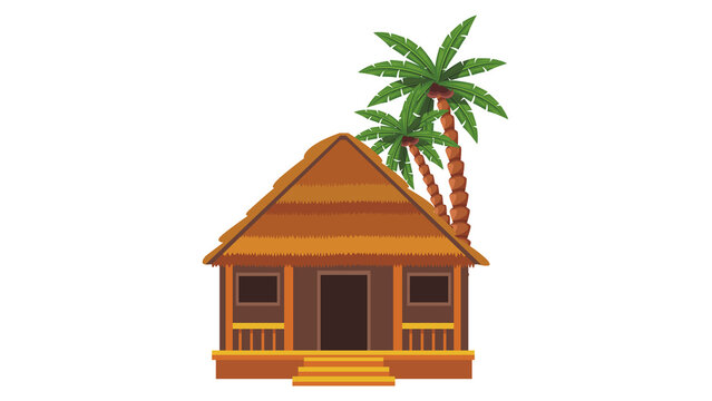 A tropical beach bungalow with a thatched roof and palm trees transparent background