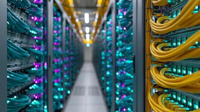 Close up of colorful ethernet network cables and server racks with glowing indicator lights in professional data center.