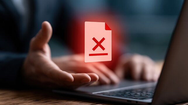 Frustrated businessman shows document error notification with red alert, symbolizing data loss or system failure