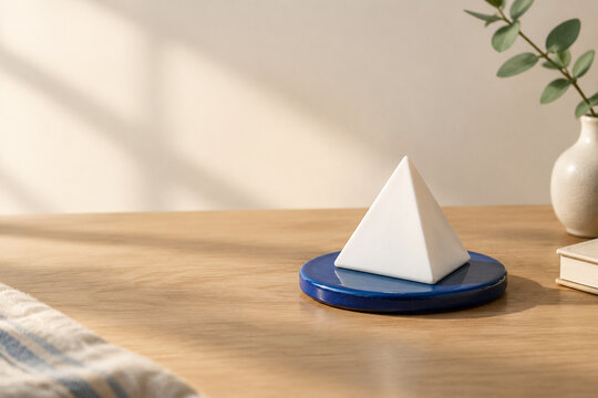 White equilateral triangle paperweight on blue ceramic coaster, neutral still life for editorial header
