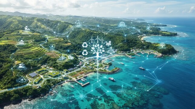 Smart coastal community with digital sustainability icons and network connections integrated into a lush green landscape with wind turbines world science day
