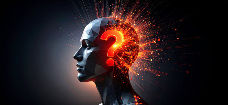 Human head profile with red question mark icon. Head shattering into glowing particle explosion and light streaks. Concept for artificial intelligence, problem solving, query search.