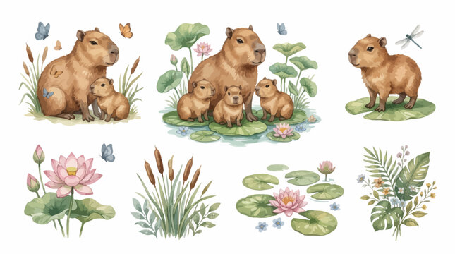 Watercolor capybara family with lotus flowers and lily pads vector