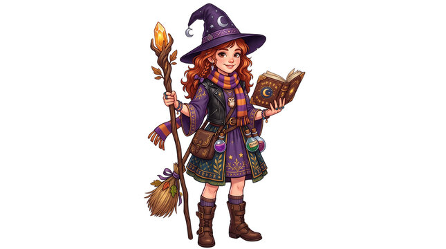 Whimsical little witch character, young sorceress with magic staff and spellbook, fantasy girl in purple wizard hat and robes isolated PNG with Transparent Background