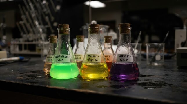 A collection of glass erlenmeyer flasks containing colorful chemical solutions, labeled neon green, yellow, and purple, sitting on a dark laboratory workbench world science day