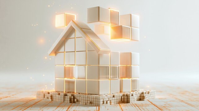 Abstract 3D Digital House Construction Concept with Glowing Cubes and Geometric Shapes