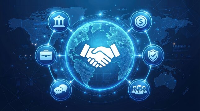 Digital illustration of a handshake icon over a glowing globe with business and financial network icons, representing global cooperation world science day