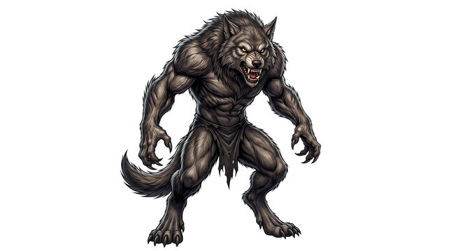 Fierce werewolf warrior character, muscular lycanthrope monster illustration, aggressive fantasy wolf creature for gaming isolated PNG with Transparent Background