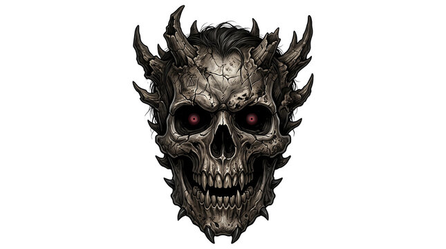 Demonic skull with horns and glowing red eyes, dark fantasy devil head, gothic horror skull illustration for gaming and apparel isolated PNG with Transparent Background