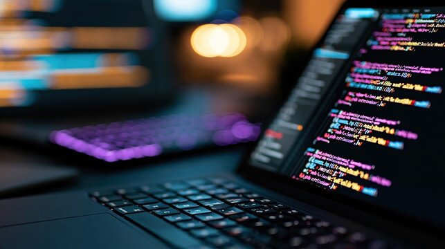 Close-up of a laptop screen displaying colorful code with a blurred keyboard and monitors in the background