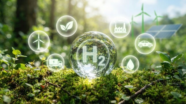 Green hydrogen energy concept with h2 molecule in glass sphere, wind turbines, solar panels, and ecofriendly icons in a lush forest environment world science day