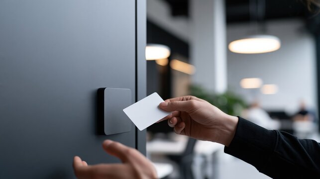Close-up of hand holding blank access card to unlock modern office door with security system