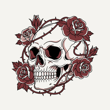 Skull with Roses and Thorns - Gothic Tattoo Art Isolated