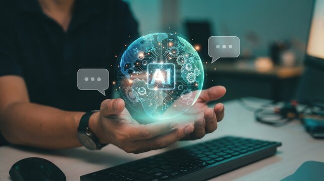Person holding a glowing digital globe with ai technology and chat bubble icons representing global artificial intelligence communication and connectivity world science day
