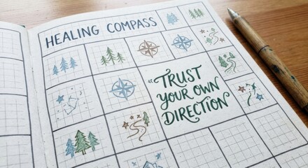 Obraz premium Hand-drawn compass with motivational quote 'Trust Your Own Direction' on a grid paper