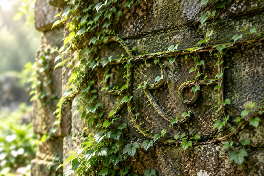 Natural vines growing on an ancient wall forming elegant script curves.