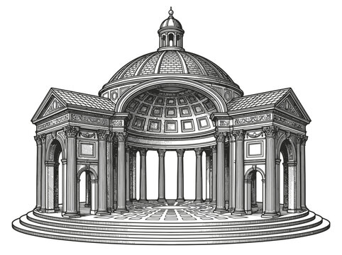 Classical roman rotunda architecture dome building line art illustration isolated on white background depicting detailed columns and coffered ceiling. EPS Editable