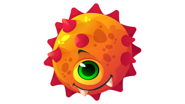 Funny cute orange cartoon monster with one eye and sharp spikes isolated transparent background