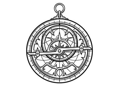 Vintage astrolabe illustration ancient astronomical navigation instrument line art vector drawing. EPS Editable