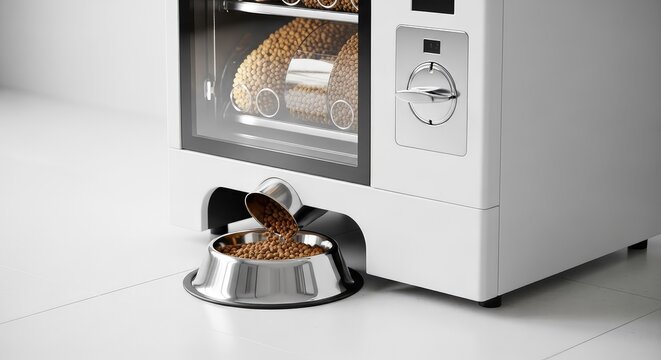 Moderno distributore automatico di cibo per cani e gatti che versa croccantini in una ciotola di acciaio su un pavimento interno pulito, secco, intelligente, pratico