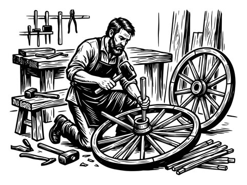 Vintage black and white illustration of a skilled craftsman wheelwright making a wooden wagon wheel in his workshop. EPS Editable