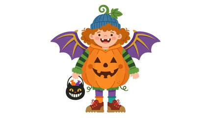 Naklejka premium Cute Kid in Pumpkin Bat Costume Holding Candy Bucket