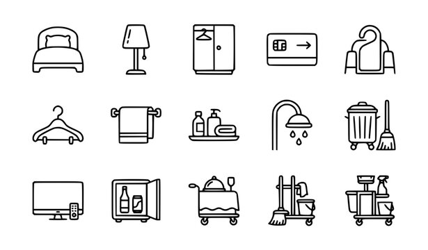 Hotel room amenities and guest service thin line vector icon collection
